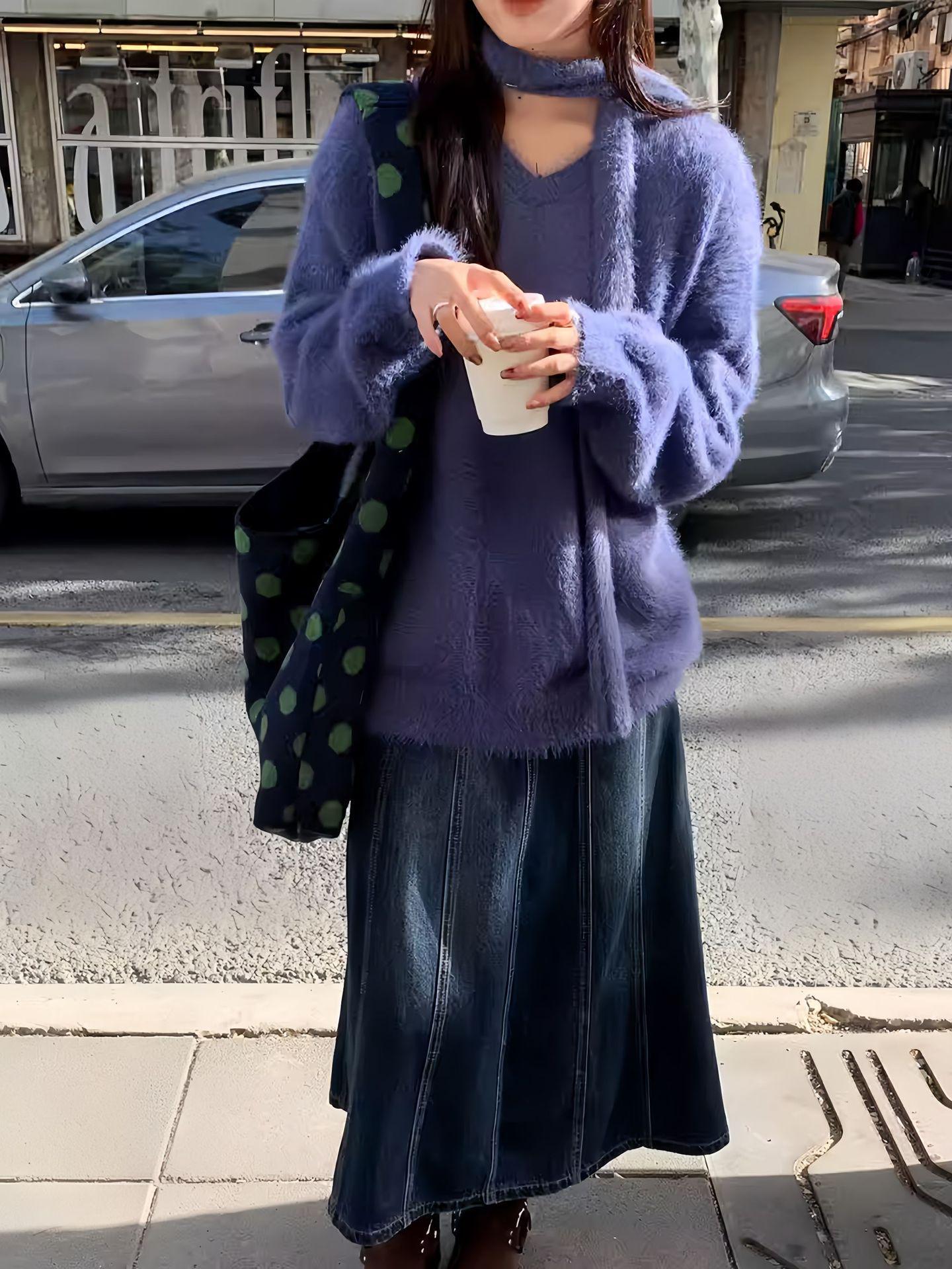 RANY Korean-Style High-Waist Denim Midi Skirt - Washed Blue S