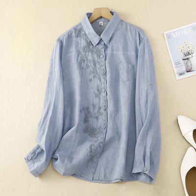 Spring Long Sleeved Cotton Linen Solid Color Lapel Embroidered Shirt Loose Baita Commuting Art Retro Top Blouses & Shirts