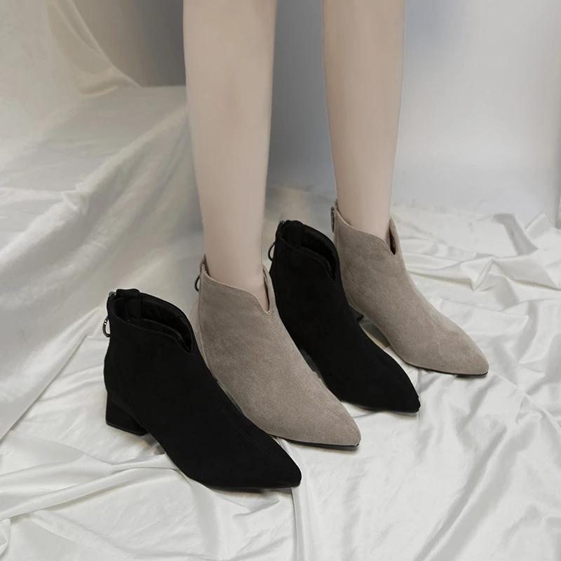 Damenschuhe 2024 Fashion Zipper Damenstiefel Herbst Spitzschuh Feste Kurze Barrel Blockabsatz Nackte Stiefel Zapatos Mujer