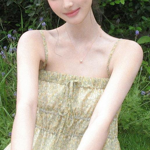 pleated floral suspenders women's summer gentle and sweet thin shoulder straps slim and thin top