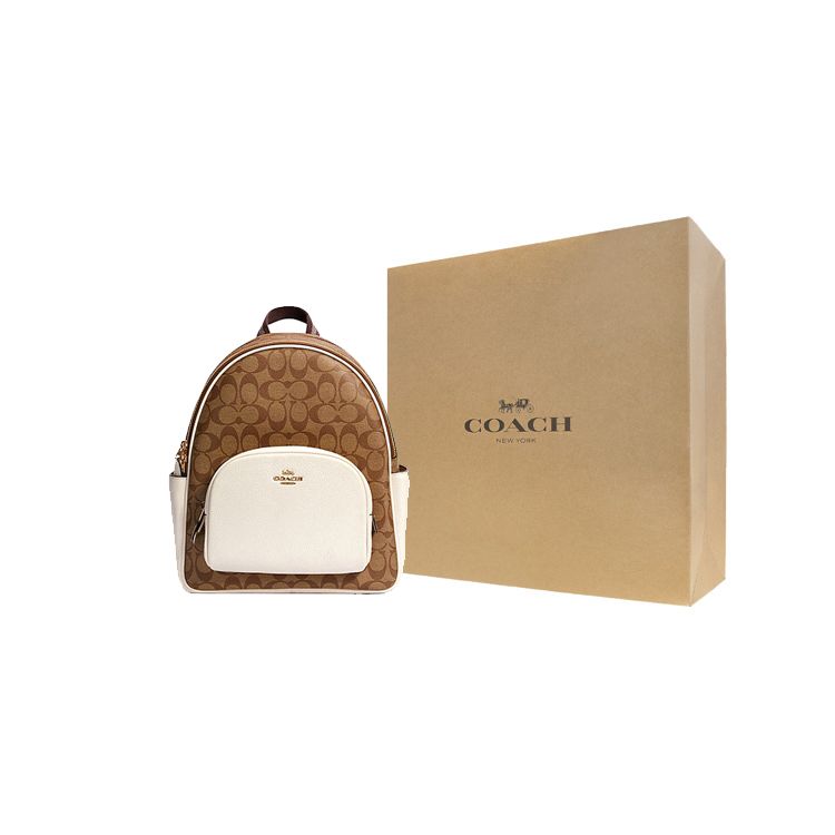 Coach Court 27 Color Block Monogram Print Zipper Canvas And Leather Backpack Medium Women backpack White Brown 5671-IMDJ8