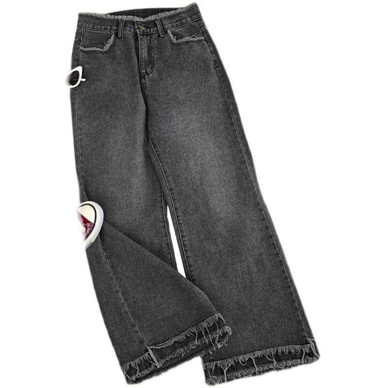 Calça Jeans Feminina Preta e Cinza de Cintura Alta com Barra Larga, Comprimento até o Chão, Afinando, Perna Reta, Caimento Petite para Primavera e Outono 2025.