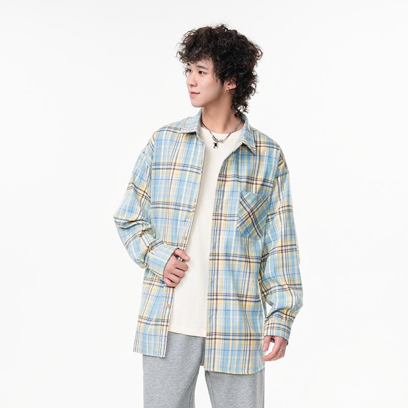 New Japanese Mid-length Men's Fashionable and Trendy Casual Plaid Shirt In Spring