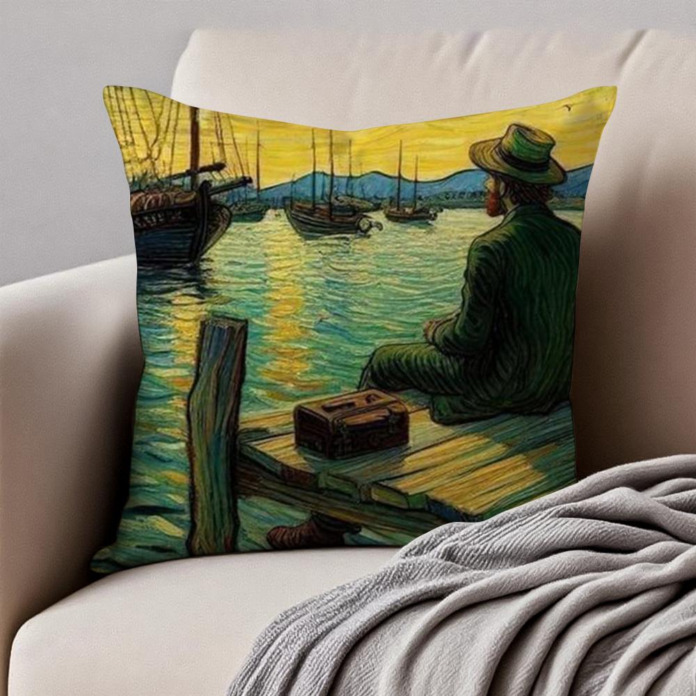 Van Gogh Starry Sky Dutch Painting Art Cushion Cover Pillowcase Antidustmite Invisible Zipper Short Plush Sofa Cushion