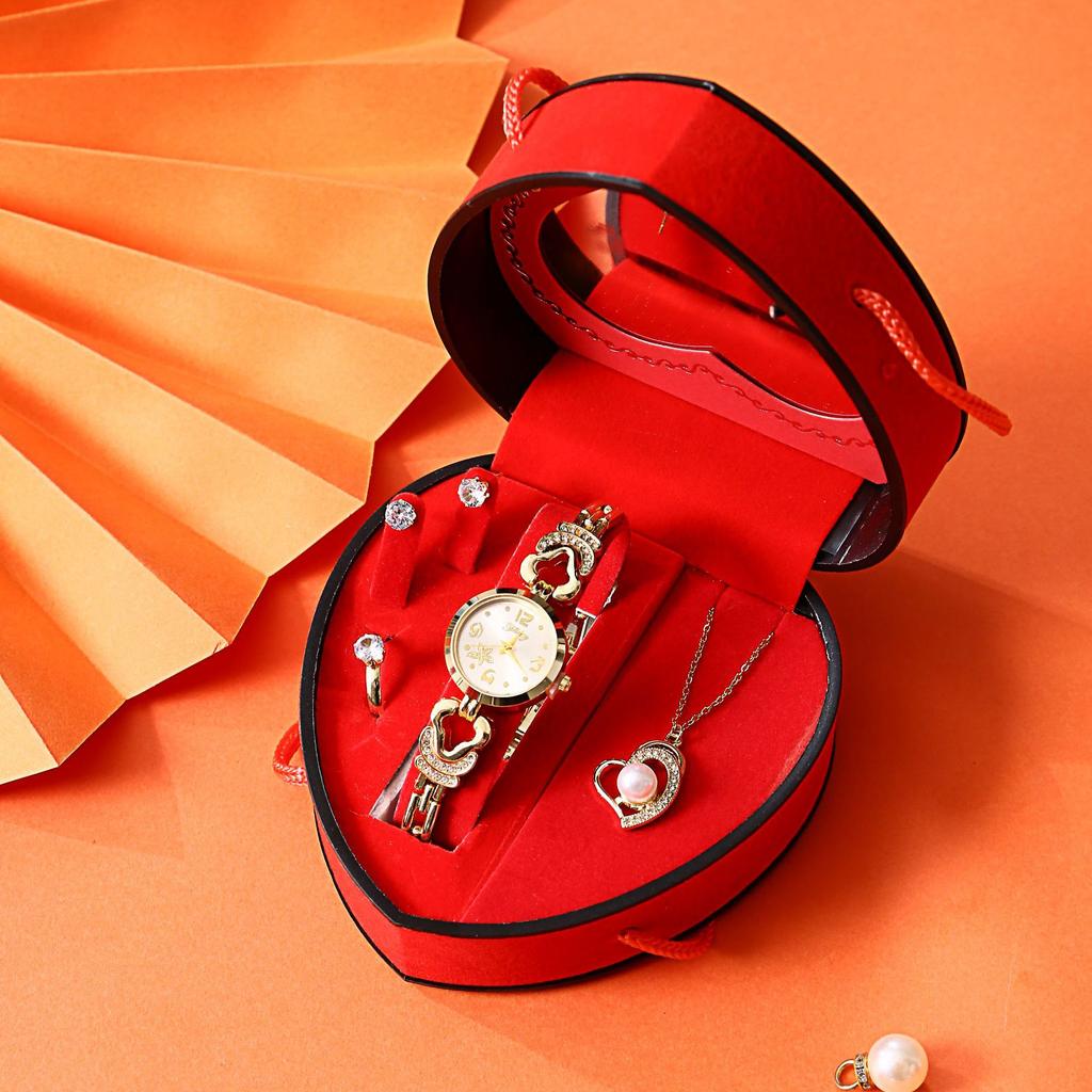 Women Watch Jewelry Gift Set Quartz Watch Rhinestone Necklace Earrings Ring Set Heart Shaped Gift Box Valentine's Day Gift Set