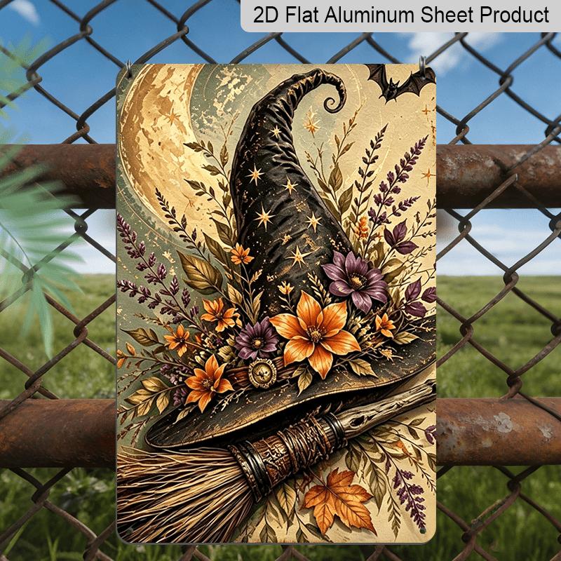 2D Flat, 1pc Halloween Decorative Sign & Plaque, Vintage Floral Witch Hat & Broom Aluminum Sign, Spooky Fun Decor, Halloween Artwork Wall Decor