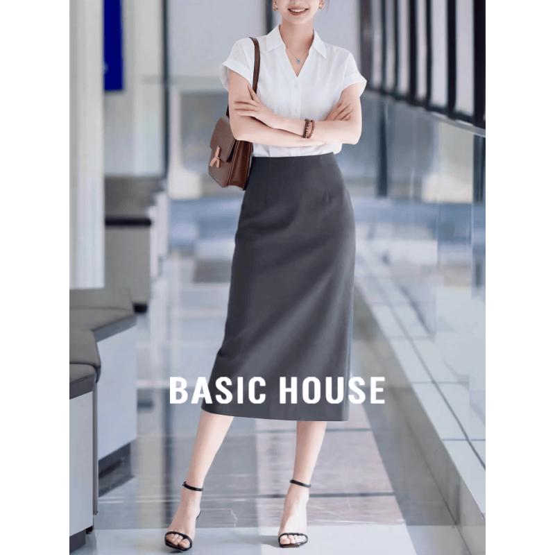Basic House Women s High-Waisted A-Line Slit Midi Skirt XL серый
