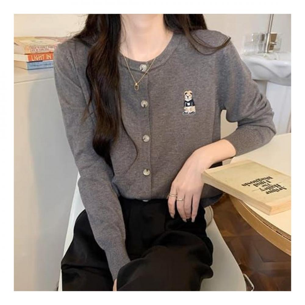 Navava Simple Bear Embroidery Long Sleeve Knit Cardigan Nk1997