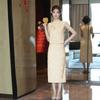 Fashion, new Chinese champagne yellow improved cheongsam two-piece set, sleeveless jacquard bright silk jacquard cheongsam new