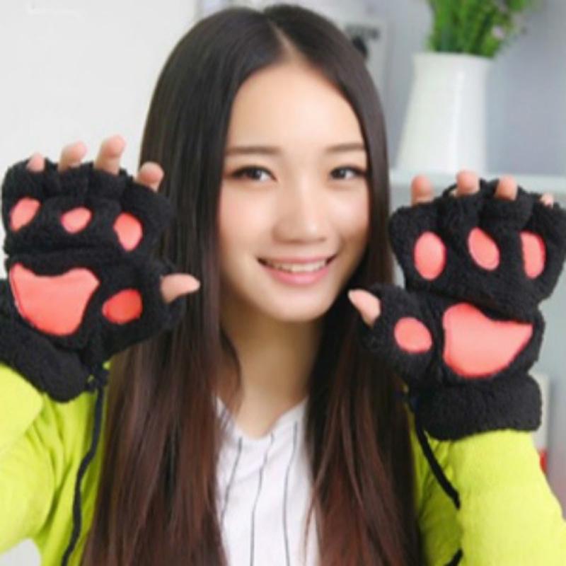 Korean Style Women's Half-Finger Plush Gloves with Embroidered Bear and Cat Paw Design