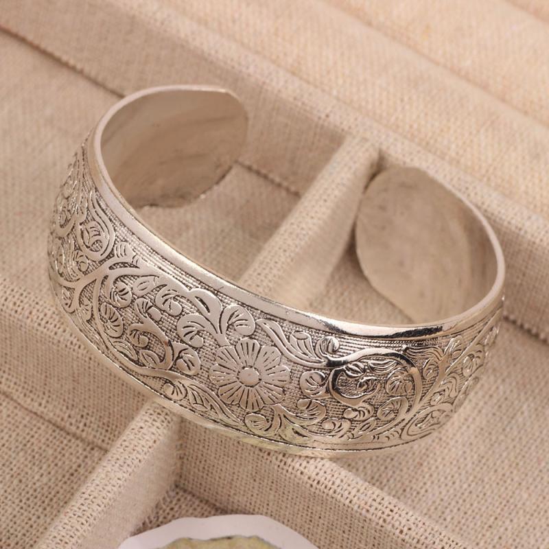Bohemian Ethnic Style Retro Silver Wide Bracelet For Women Carved Flower Opening Fashionable Bracelet Boho Vintage Jewelry