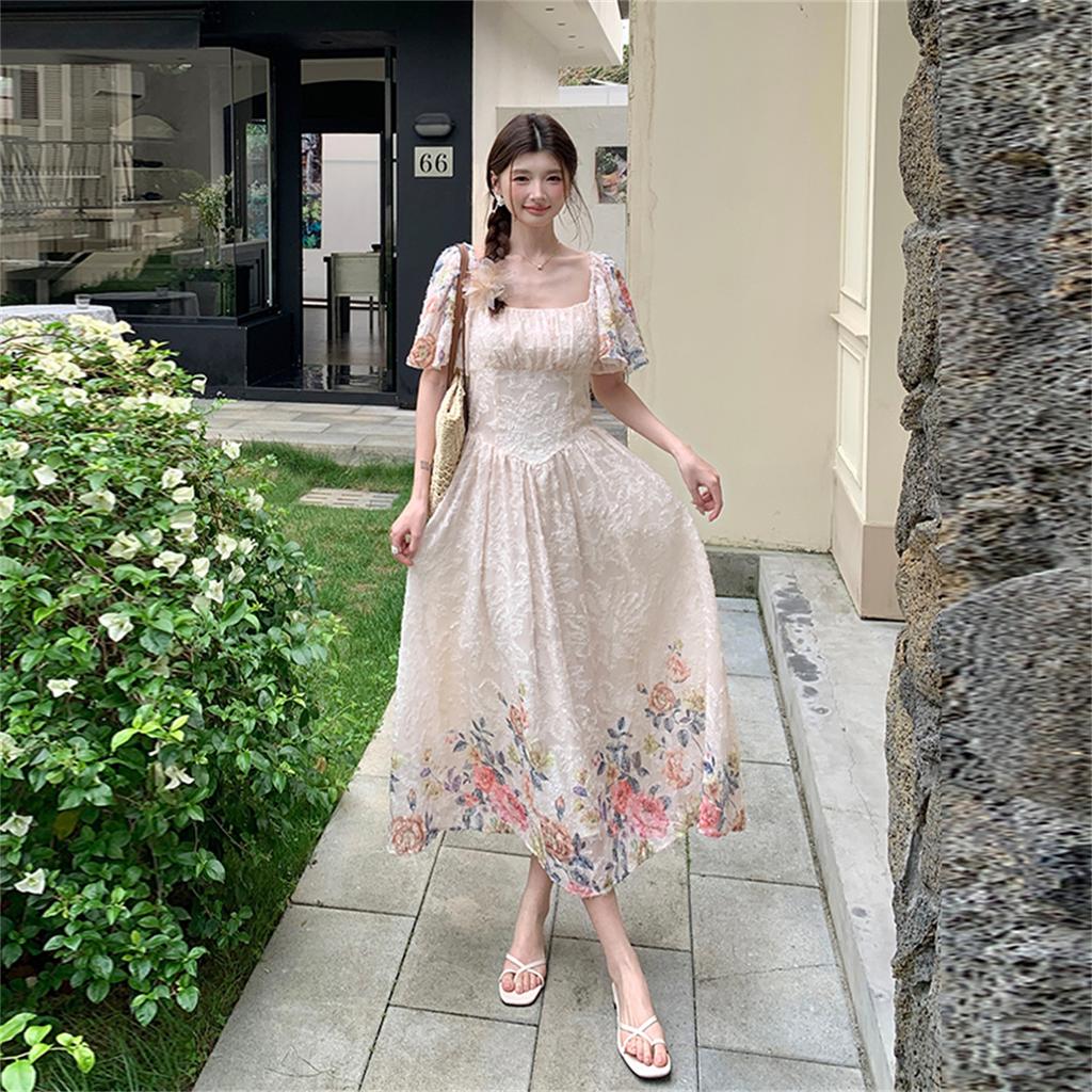 High Quality Chiffon Embroidered Print Square-Necked Summer Dress for Women Fashion Vacation Flying Sleeve Slimming Midi Dress