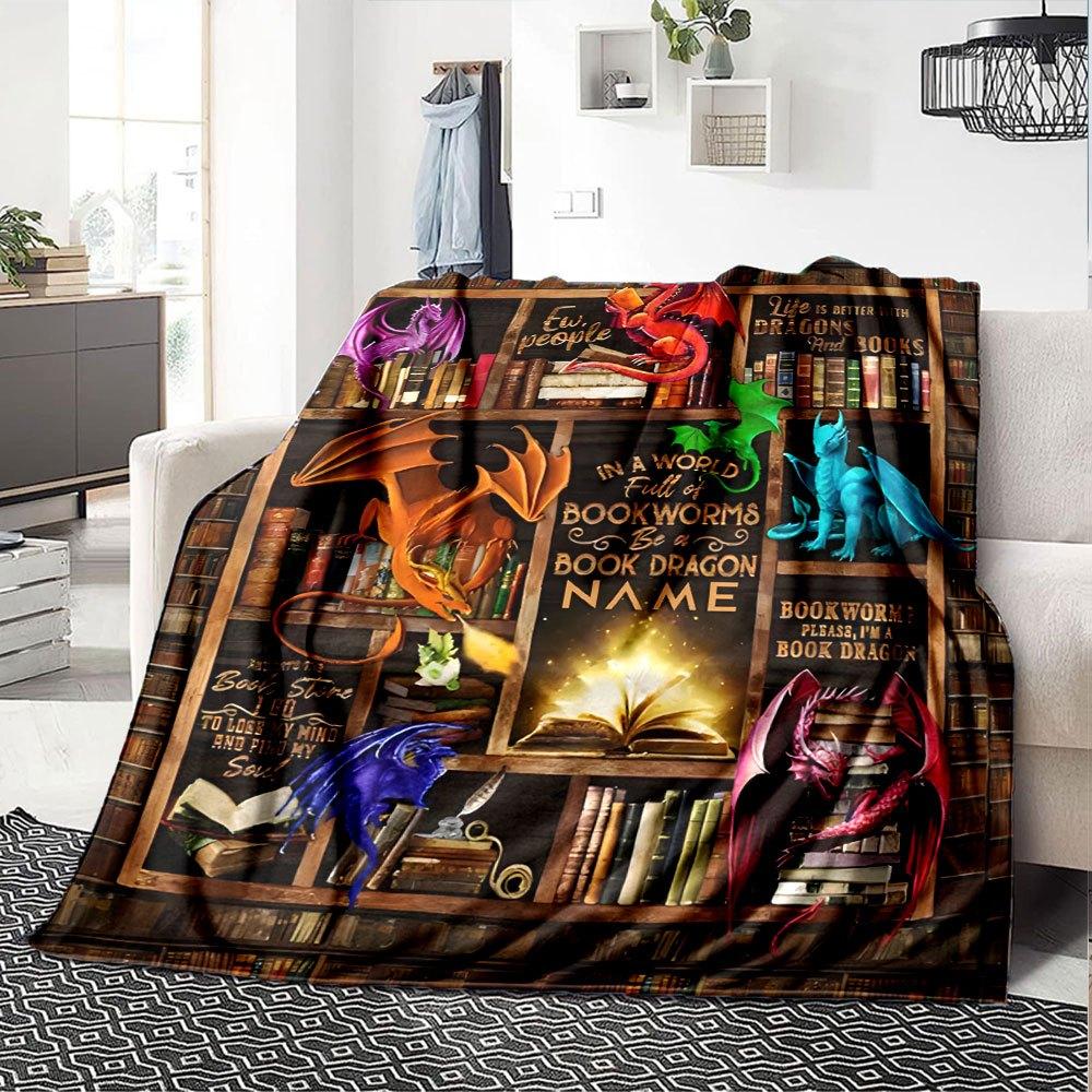 Dragon Bookshelf Magic Lightweight Personalized Blanket Customize Text Soft Cozy Great For Sofa Couch Office Bed Picnics For All Occasions Digital