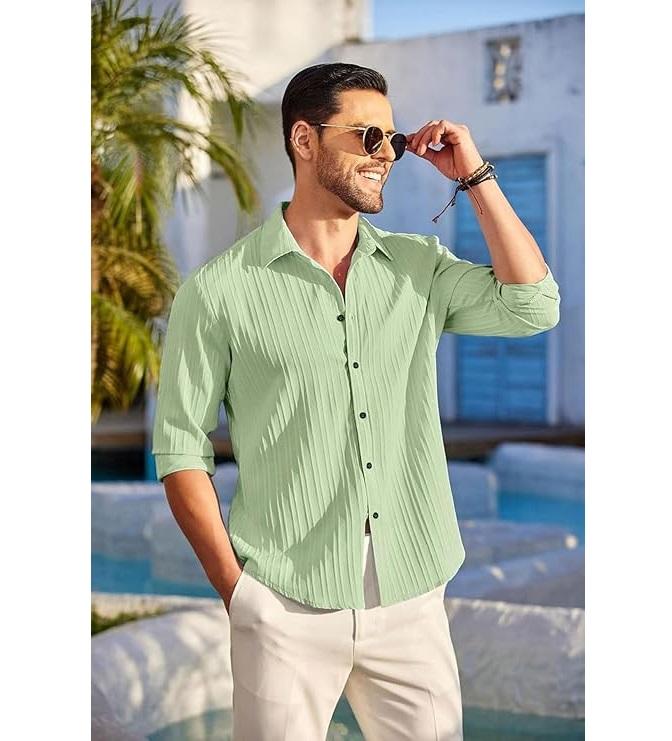 Men's Casual Button Down Shirts Long Sleeve Linen Shirt Fashion Textured Beach Summer Shirt