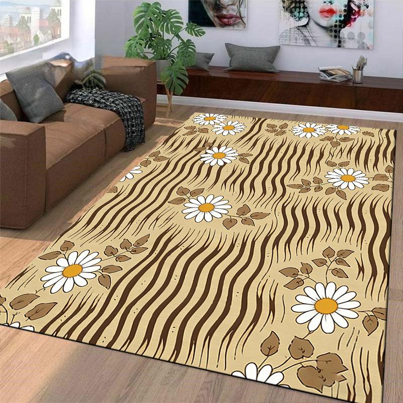 Floral Pattern Carpet with Daisy Design and Beige Background, Home Decor Suitable for use as an anti-slip for living room bedroom sofas