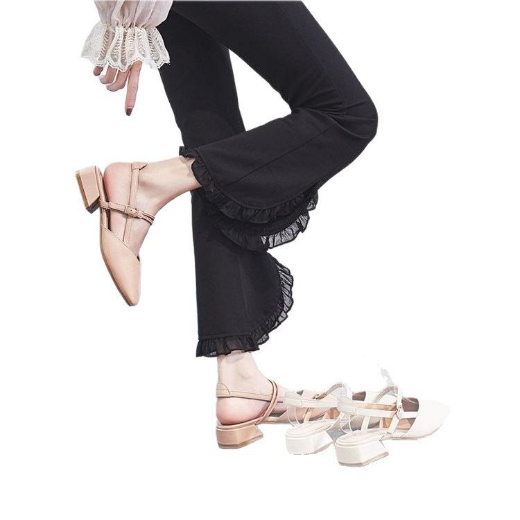 Baotou Sandals Summer Middle Heel New Student Fairy Style Retro Thick Heel One Word with Single Shoes