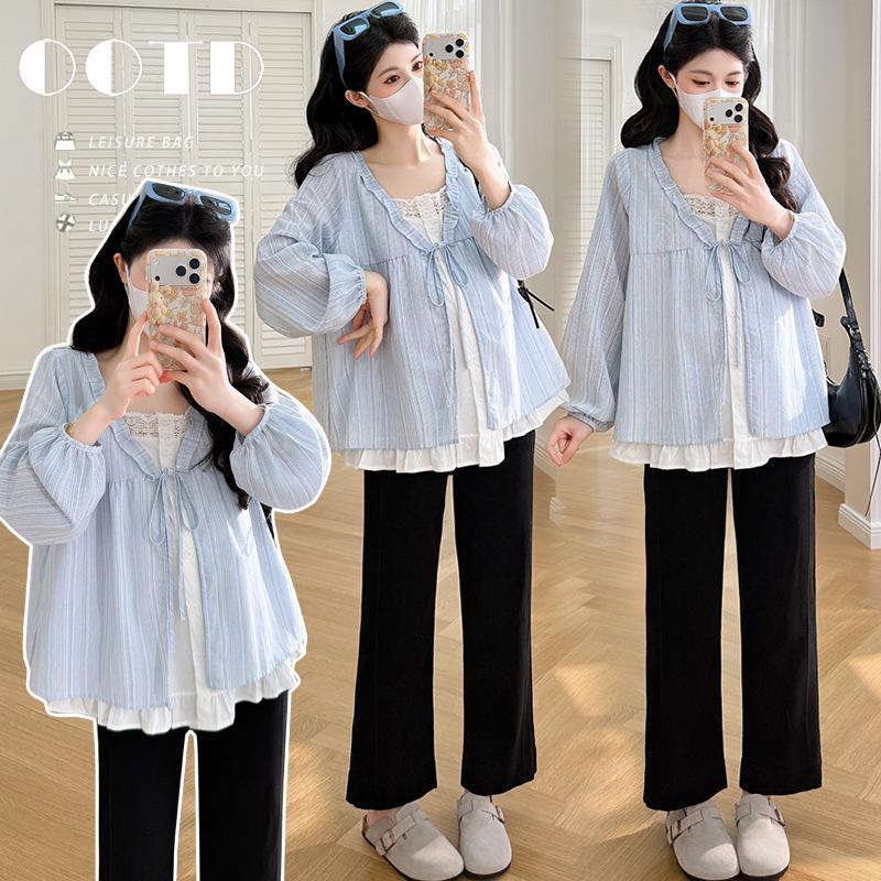 Spring Maternity Ruffle Trim Two-Piece Style Loose Shirt M