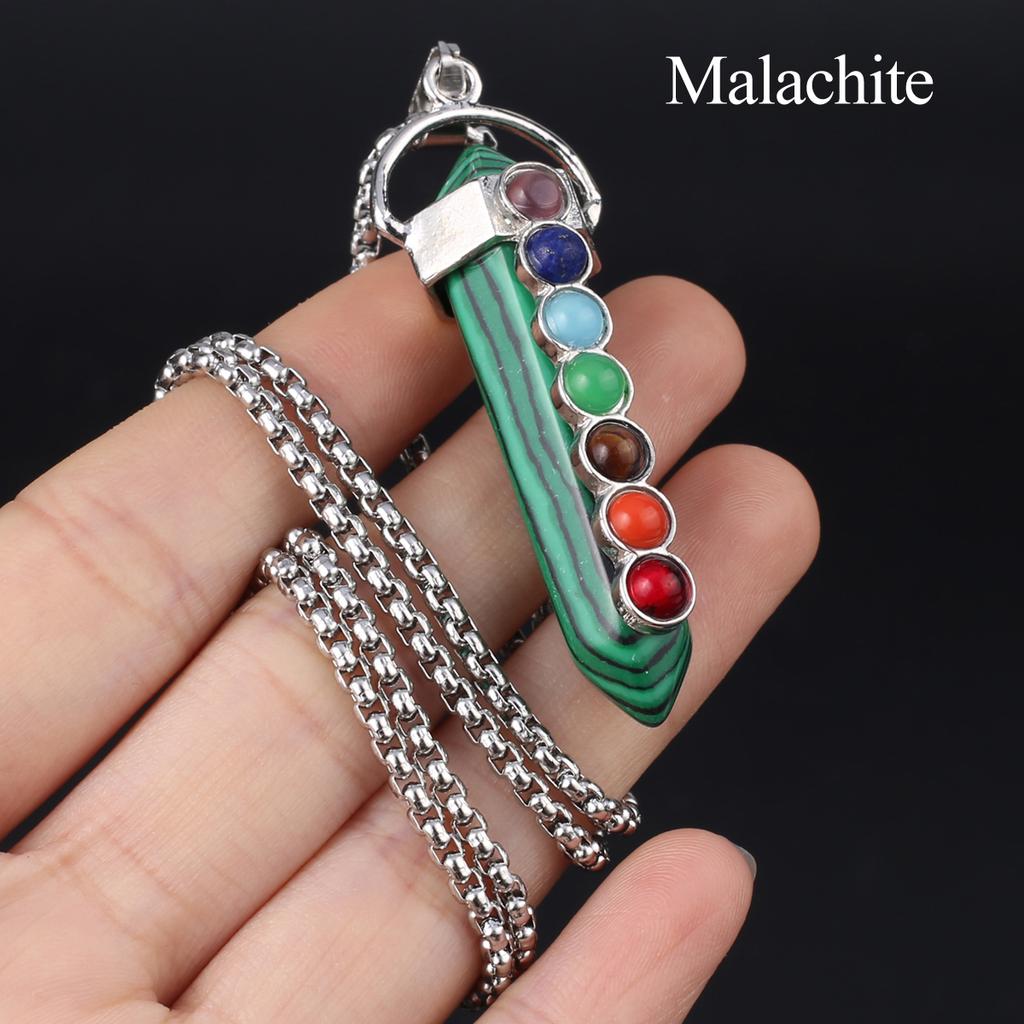 1Pc, Spiritual Healing Crystal Pendant Necklace, Geometric Double-pointed Hexagonal Pyramid Inlaid Seven Chakra Gems Charms Necklaces for Women Men