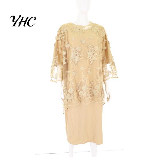 Lady Evening Dress O-neck High-Waist Plus Size Midi Embroidery Lace 3/4 Sleeve Female Clothing