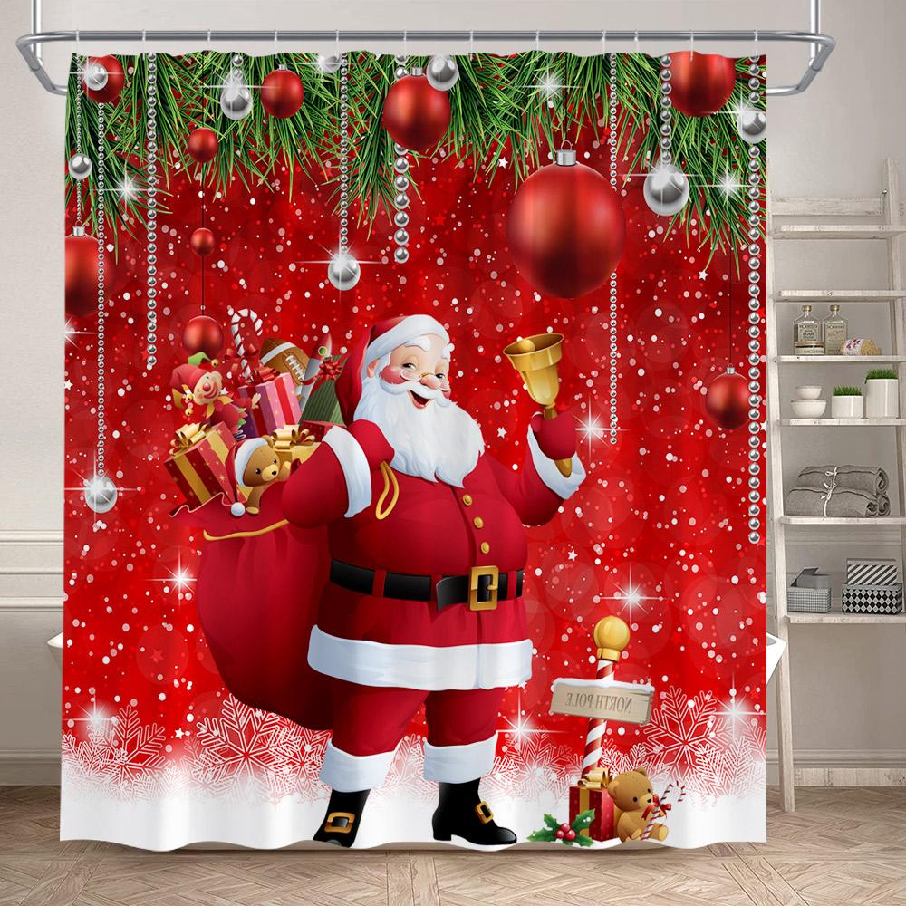 Winter Christmas Shower Curtains Funny Santa Claus Reindeer Snowman Red Xmas Balls Snow Home Bathroom Curtain Decor With Hooks