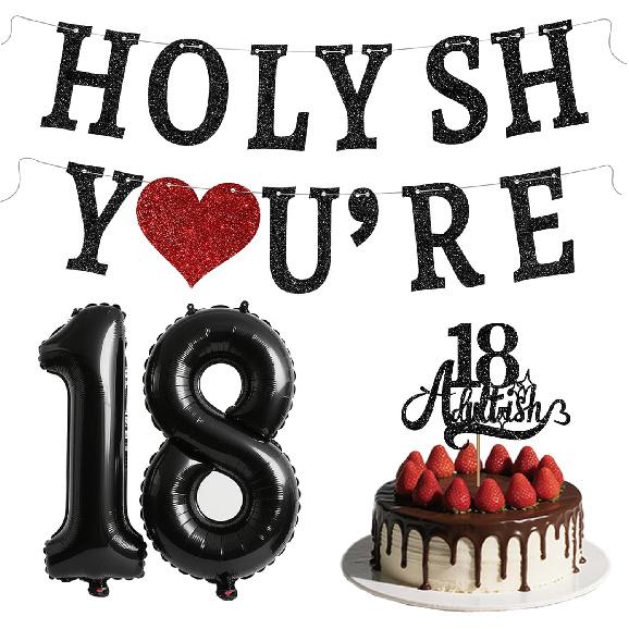 Funny 18th Birthday Decorations for Girls Boys - Glitter 18th Birthday Banner, Adultish Cake Topper &18 Balloon Numbers Set - 18 Years Old Gifts
