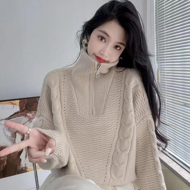 

Pullover Knitwear Women Autumn And Winter Lantern Long Sleeve Zipper Solid Casual High Neck Pullover Sweater Women Tops One Size абрикосовый