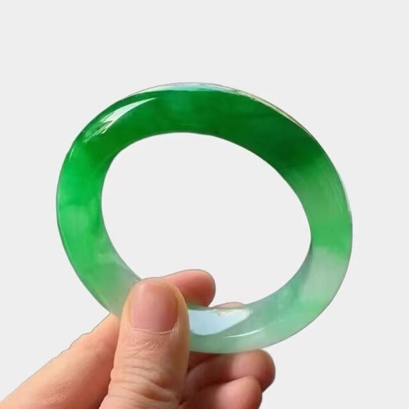 Yang Green Treated Jadeite Bangle - Women s Style with Flat Strip, Half Mountain Half Water Design 57mm