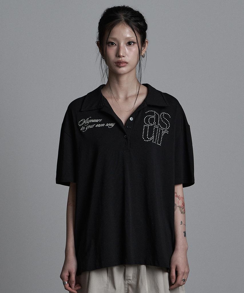 Aejeuyua Basic Hotfix Collared T-Shirt Black