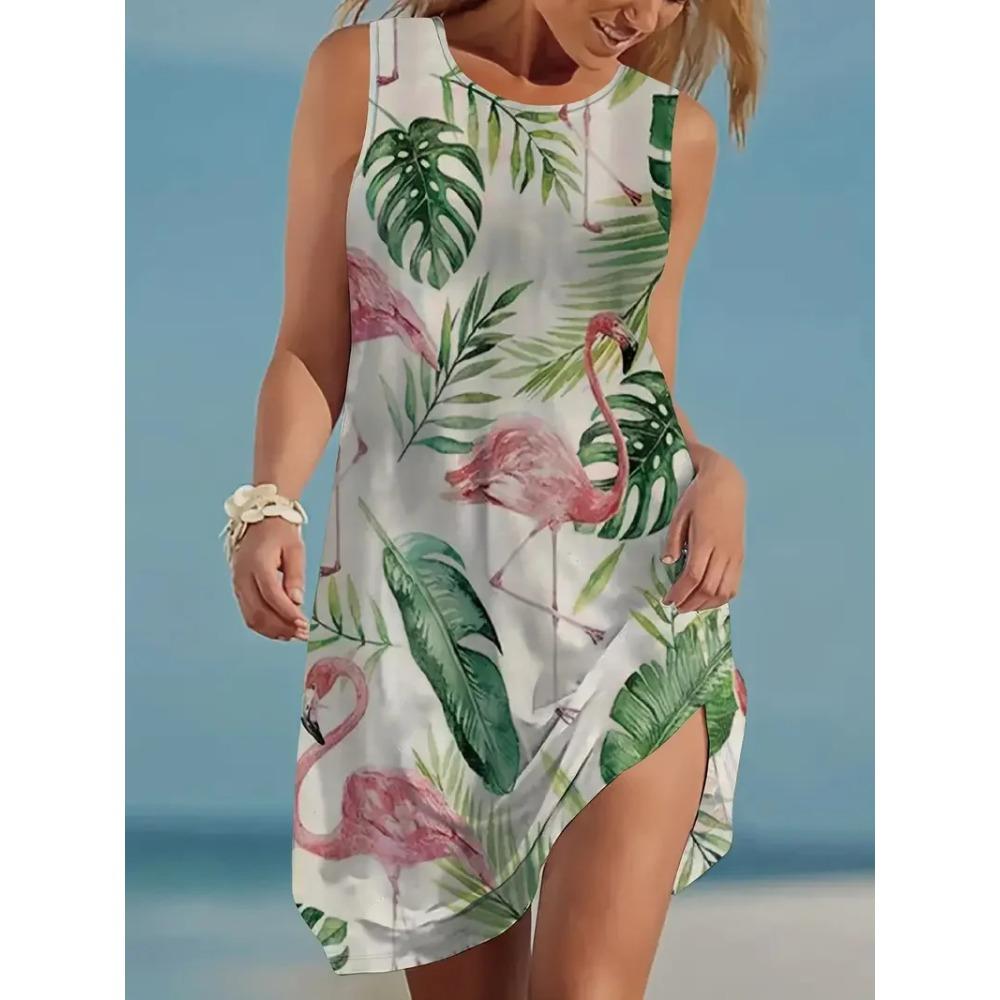 Summer Colorful Floral Print Round Neck Sleeveless Vest Dress Beach Vacation Plus Size Casual Comfortable Soft Breathable Women Mini Dress