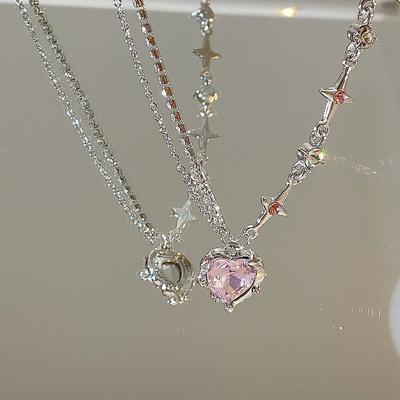 Women's Light Luxury Cold Style Diamond Heart Star Necklace Niche Crystal Necklace Clavicle Chain for Women