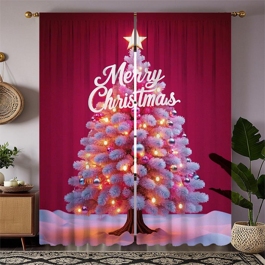 Luxury Set Of 2 Christmas Santa Claus Tree Pattern Printed Curtains Decorations Home Room Curtain Polyester