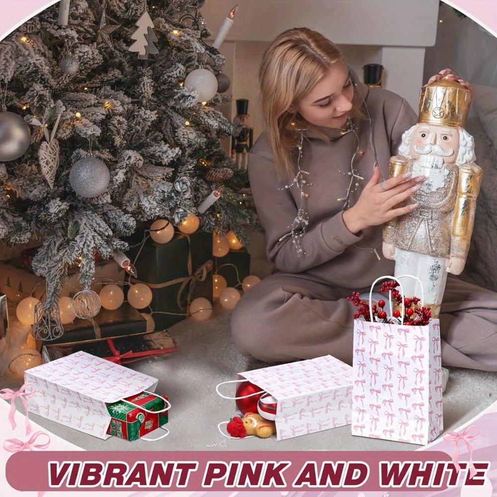 16pcs Pink Bow Paper Gift Bags with Handle Treat Bags Packaging Bag Party Favor Bags Handbag for Party Wedding Birthday