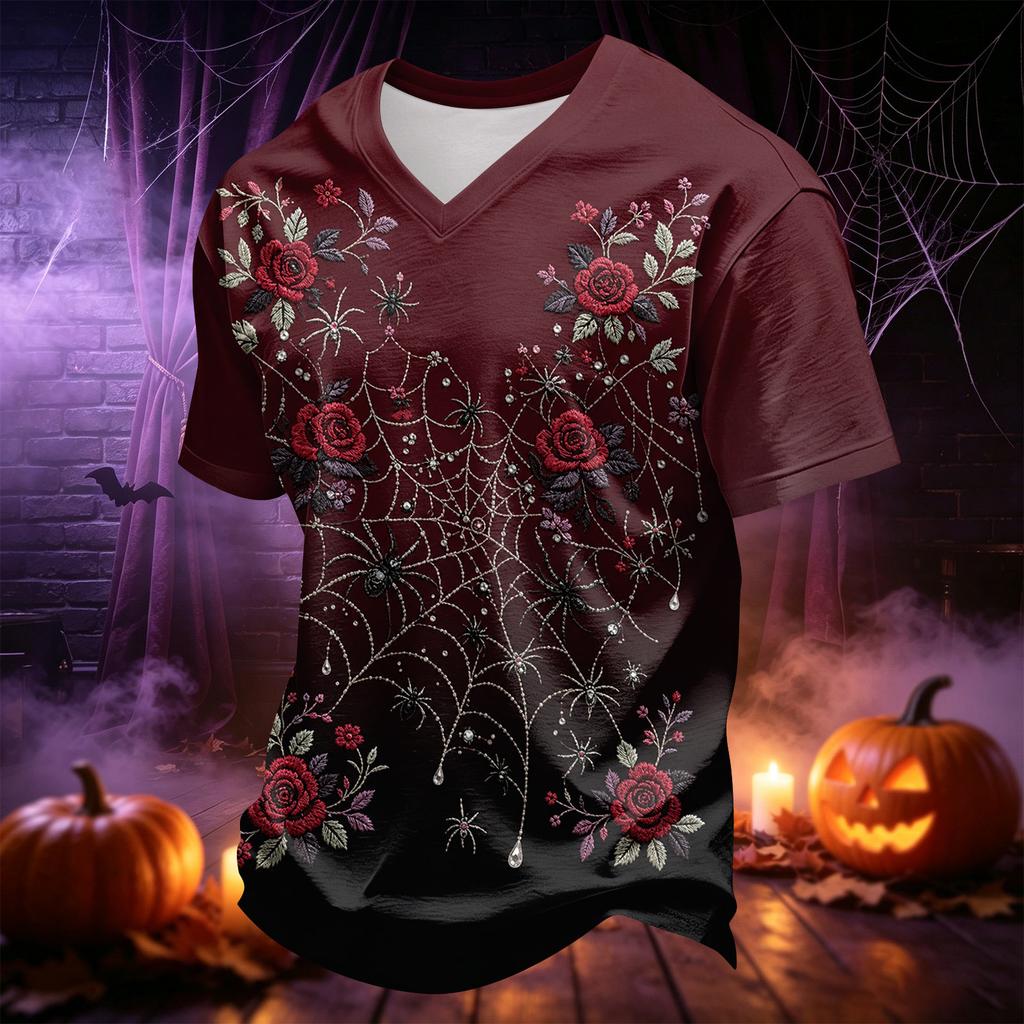 Men's V-Neck Halloween Novelty Printed T-Shirt for Holiday Party and Casual Wear