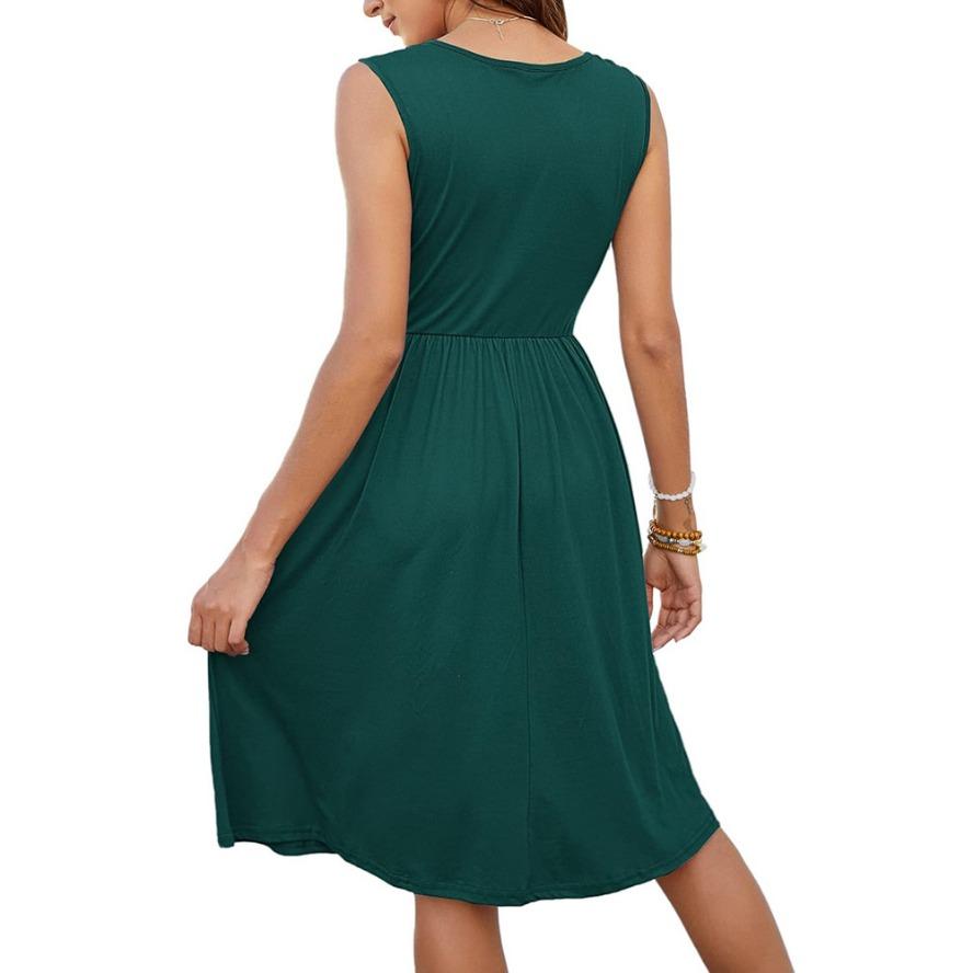 YYFS Women's Fashion Summer Spring Solid Color Print Sleeveless V-Neck High Waist Casual Dresses