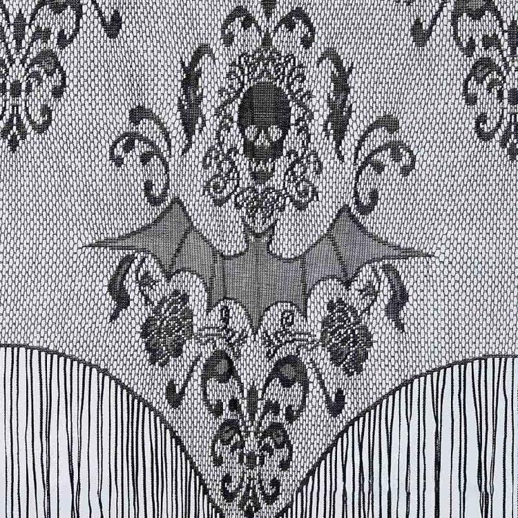 Halloween Black Lace Curtains Tassel Valance Skull Bat Tulle Topper Shawl