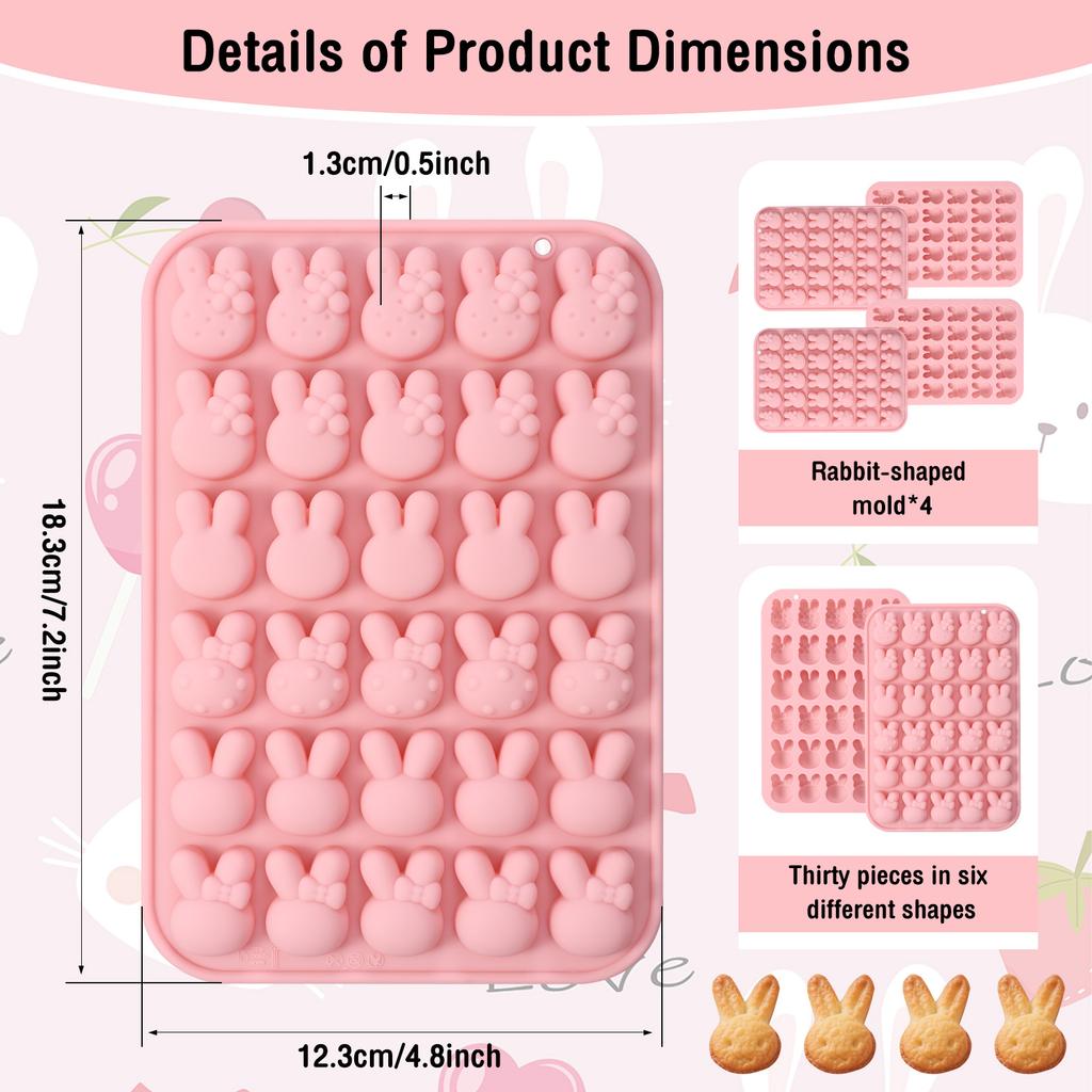 4Pcs Silicone Chocolate Candy Mold Reusable Bunny Shape Baking Mold Heat Resistant Bow Baking Tool for Candy Chocolate Cookies
