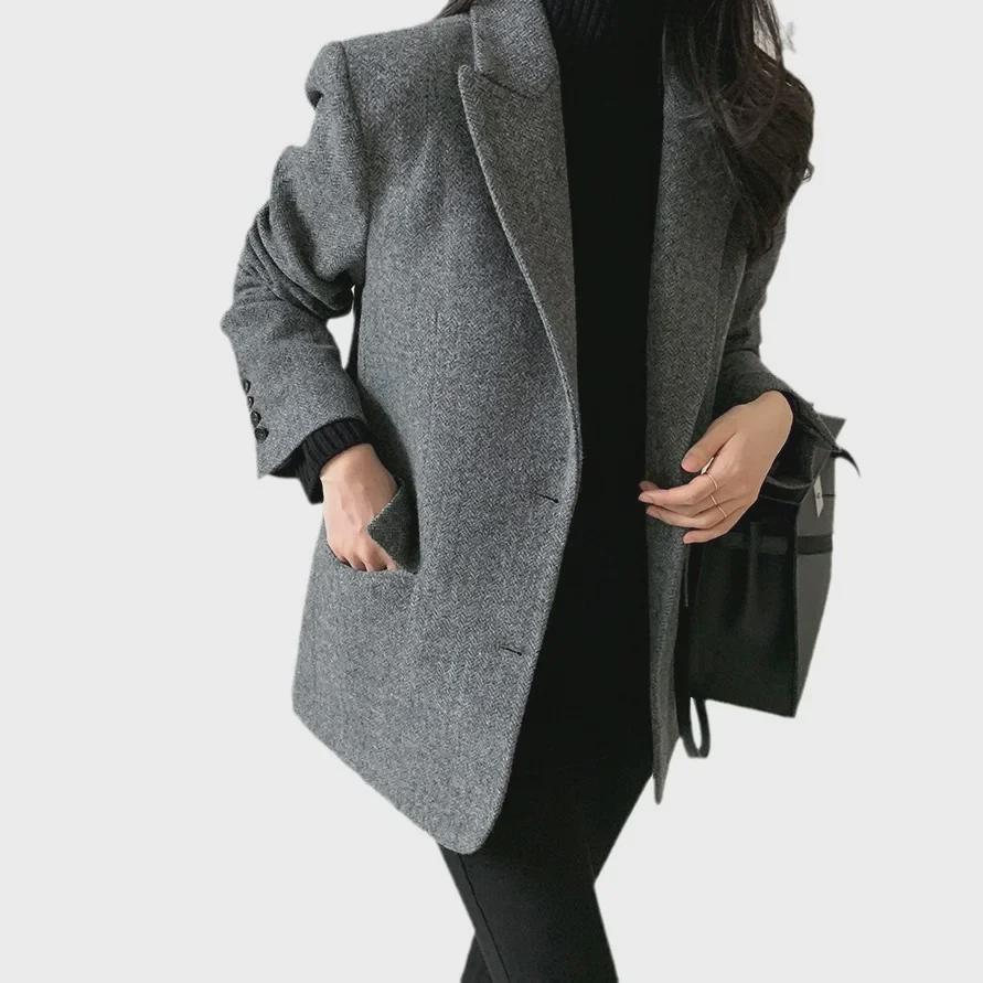 Women's Retro Hong Kong-Style Wool Herringbone Jacket - Long-Sleeved, Chic Suit Top for Spring & Autumn