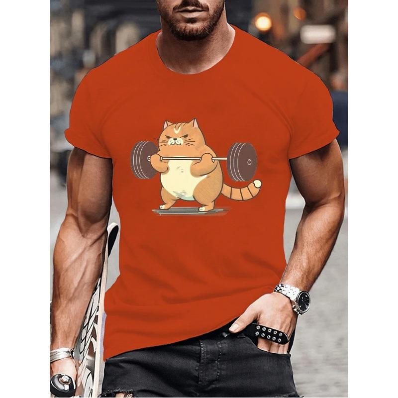 Summer Round Neck Funny Cat Weightlifting Graphic 3D Print Top Sports and Fitness T-shirts Fashionable Casual Short Sleeved Men's T-shirts