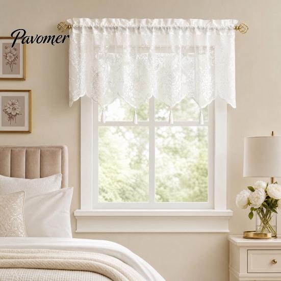 French Rose Lace Curtain Window Valance Curtain, White Sheer Short with Tassels And Rod Pocket, Vintage Light Filtering for Living Room Bedroom Breeze