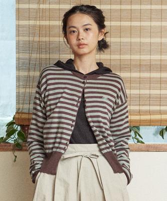 Comoninoz W Button Stripe Cardigan [Brown]