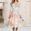 Women Plus Size V Neck Long Sleeve Printed Light Blue A Line Flared Dress With Belt