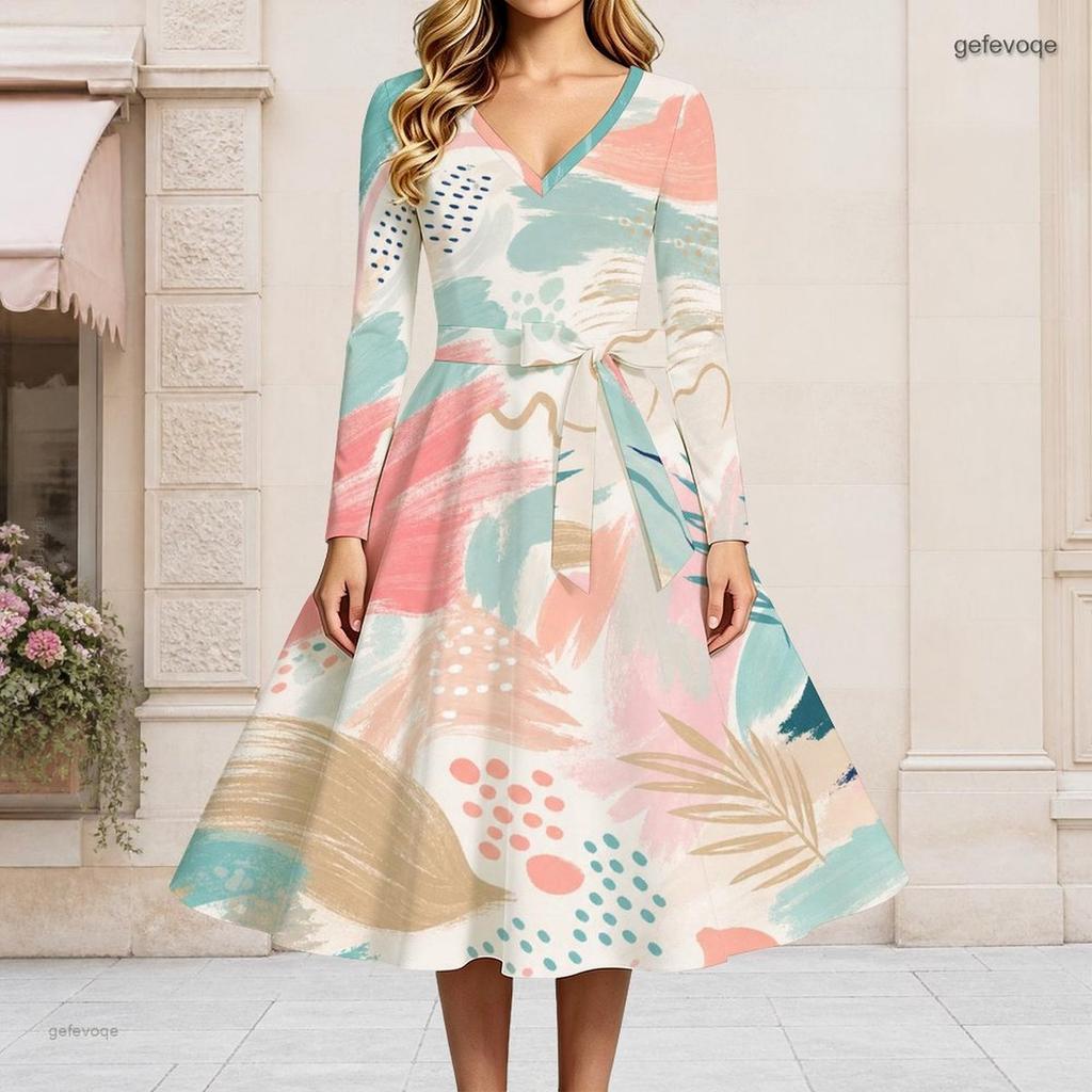 Women Plus Size V Neck Long Sleeve Printed Light Blue A Line Flared Dress With Belt