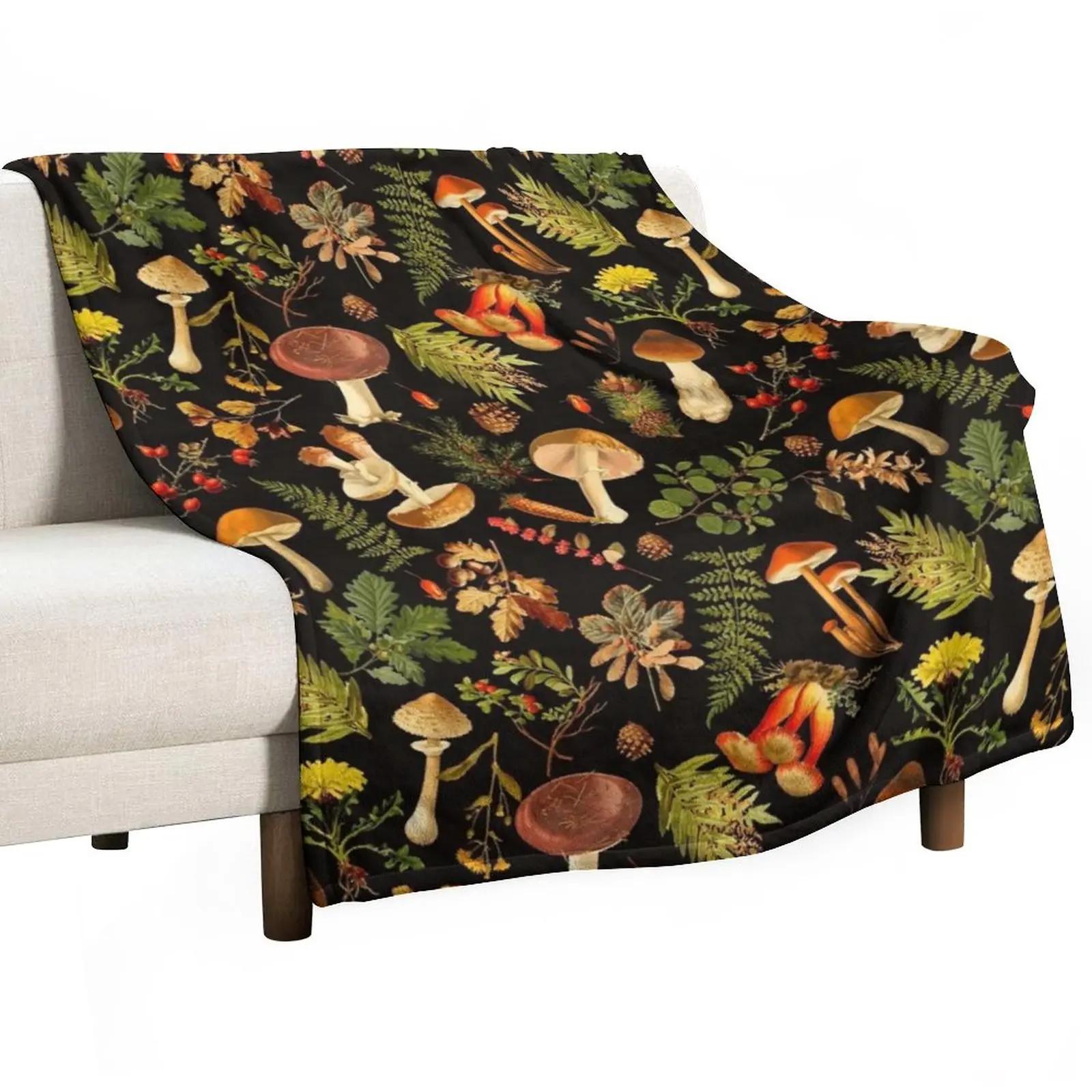 

Vintage toxic mushrooms forest pattern on black Throw Blanket For Sofa Thin Hairy Blankets 100cmx150cm