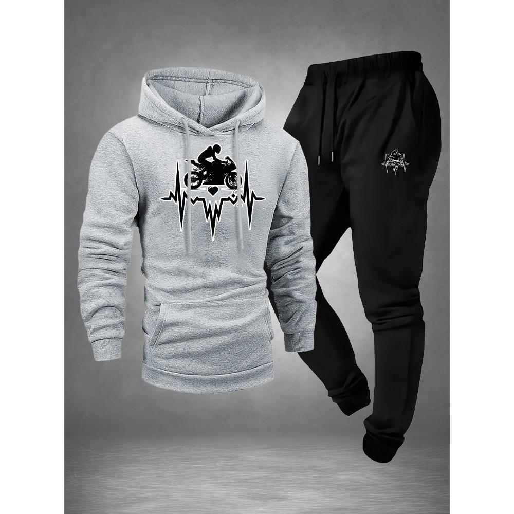 Motorcycle Pattern Printed Hooded Sweatshirt Set for Men Drawstring Sweatpants Trendy Casual Sports Versatile Two Piece Set