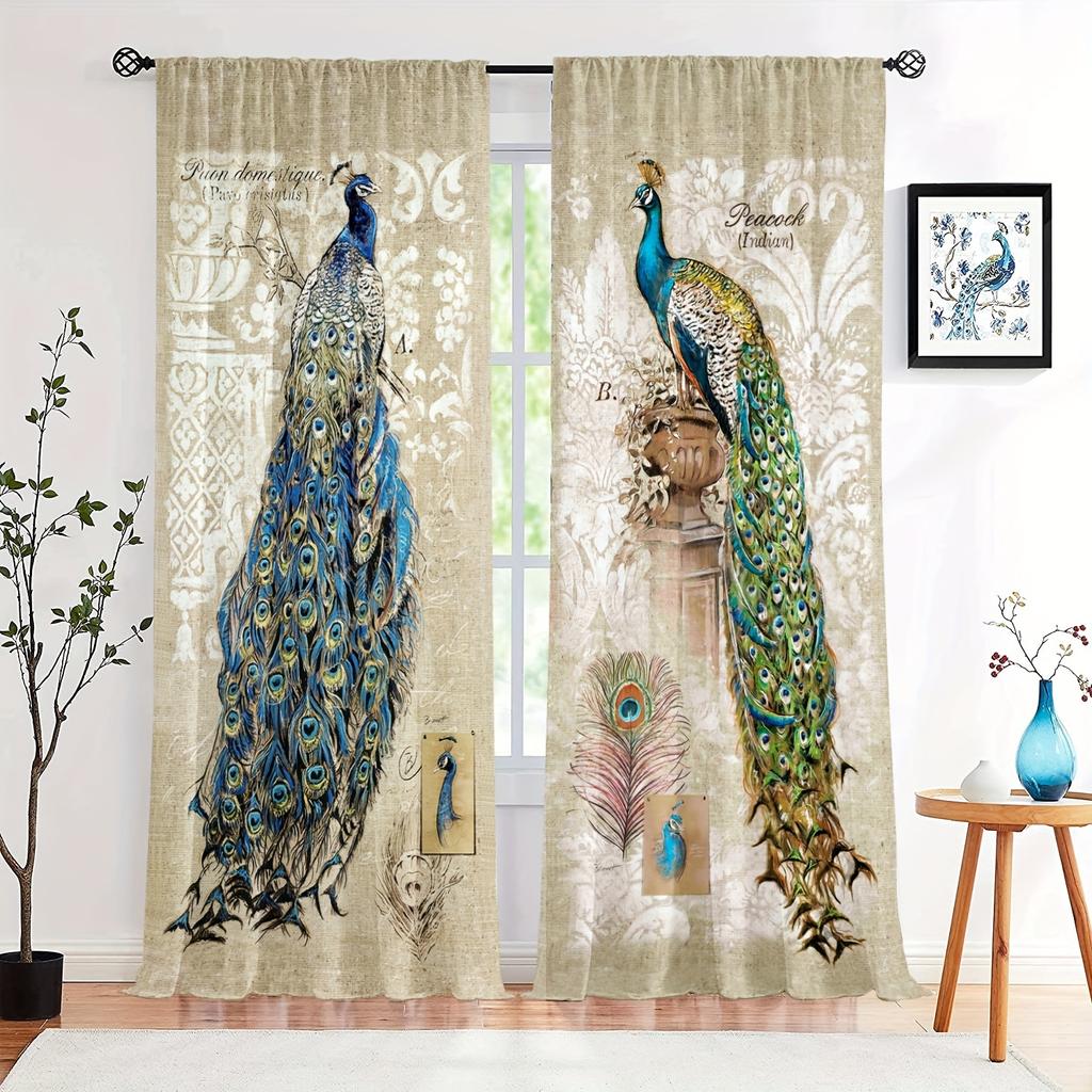 3D Animal Peacock Flower Retro Style Curtains Window Treatment for Bedroom Office Kitchen Living Room Study Home Decor 2 Pieces