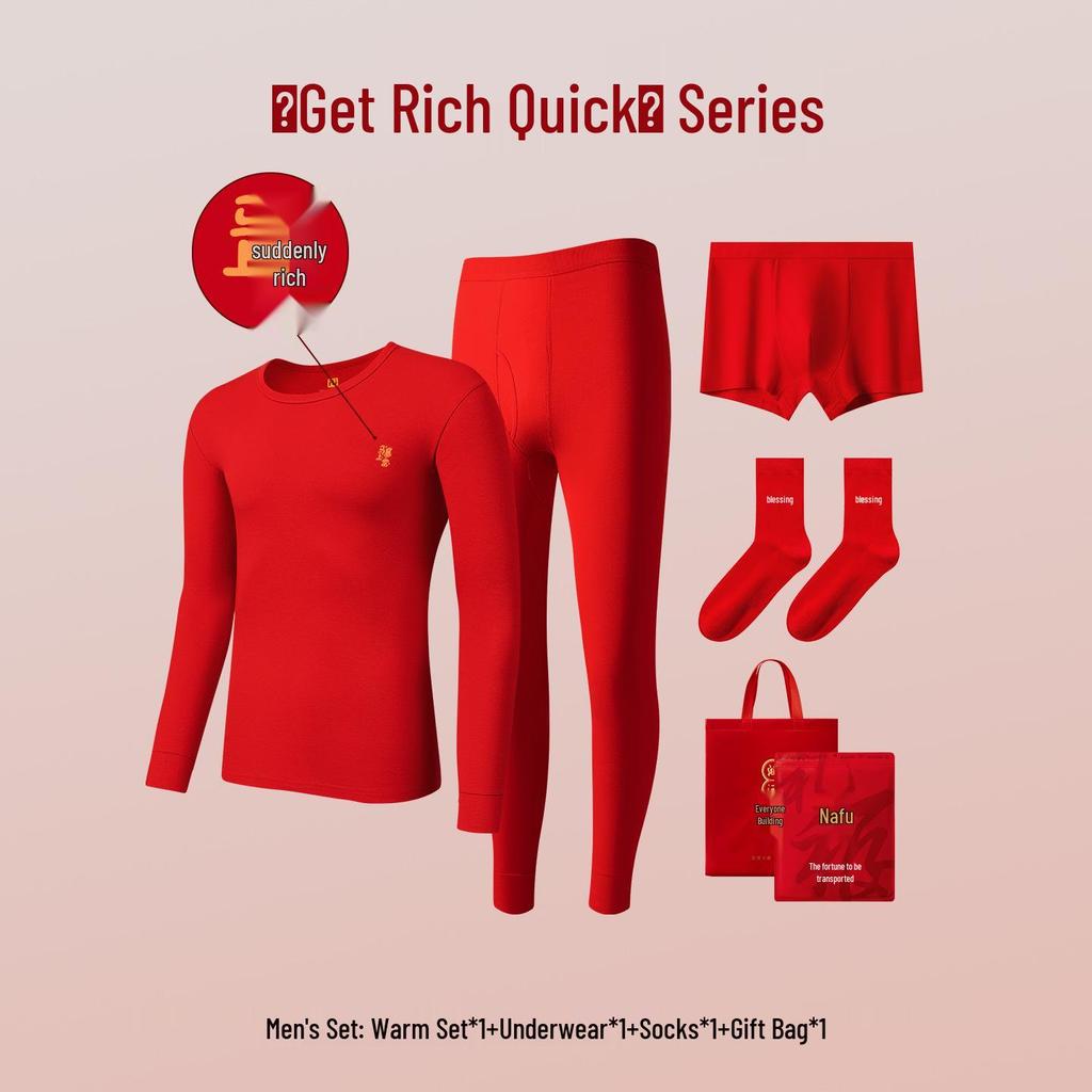 Year of the Horse Red Autumn Cotton Underwear Set for Men & Women - Thin, Warm, Middle-aged & Elderly
