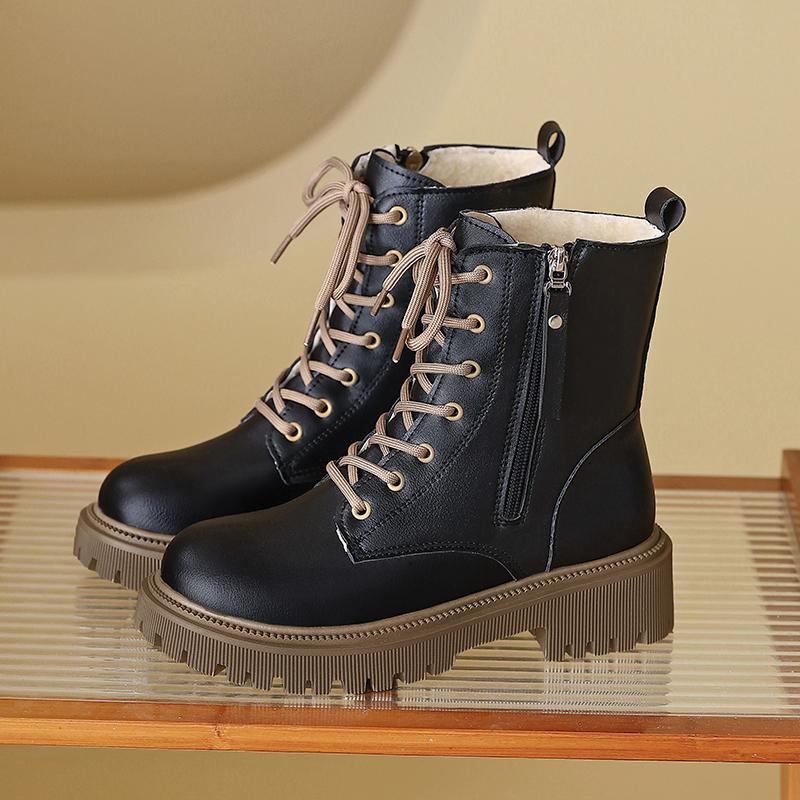 Women’s Winter Boots Casual Short Motorcycle Boots Street Style Black Warm Ankle Boots with Fur Plus Size