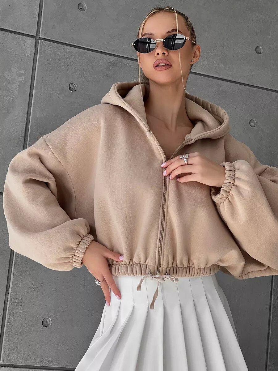 

Жіночий укорочений худі на блискавці з довгим рукавом - Повсякденна куртка Весна 2025, приталений крій XL абрикосовий