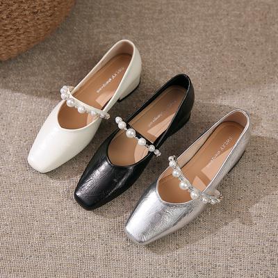 Sweet Leisure Pumps Female Slip On Square Mid Heels Square Toe Women Shoes Solid String Bead Pearl Mary Jane Shoes Woman
