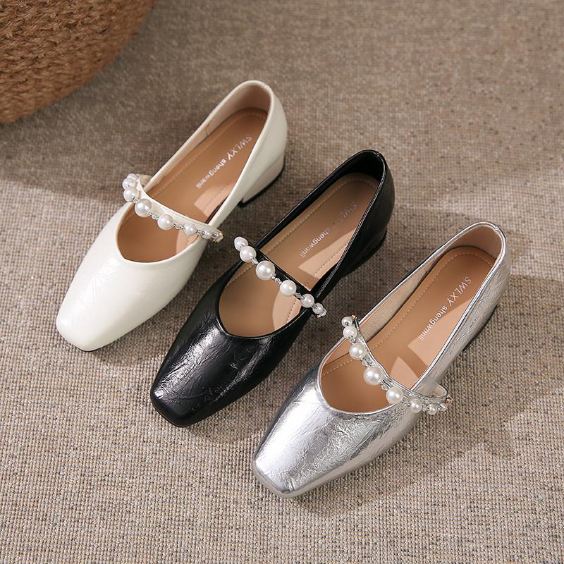 Sweet Leisure Pumps Female Slip on Square Mid Heels Square Toe Women Shoes Solid String Bead Pearl Mary Jane Shoes Woman